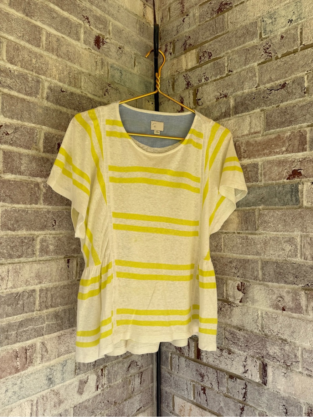 Anthropologie White Short-Sleeve Tee with Yellow Stripes
